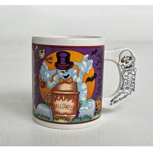 Vintage Halloween Mummy Mug Skeleton Handle Owl Bats Graveyard Ceramic 12 Oz Cup
